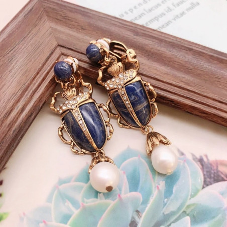 Boucles d'Oreilles Clip Scarabée Bleu Roi | Bijou Vintage