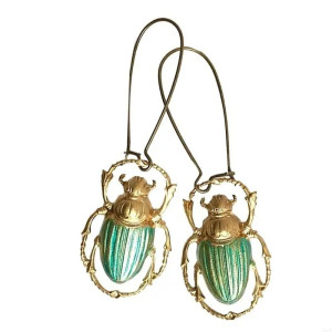 Boucles d'Oreilles Scarabée Vert Émeraude | Bijou Femme Or