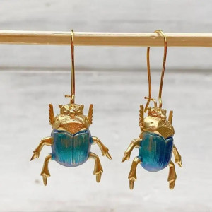Boucles d'Oreilles Scarabée Vintage | Bijou Bleu Azur & Or