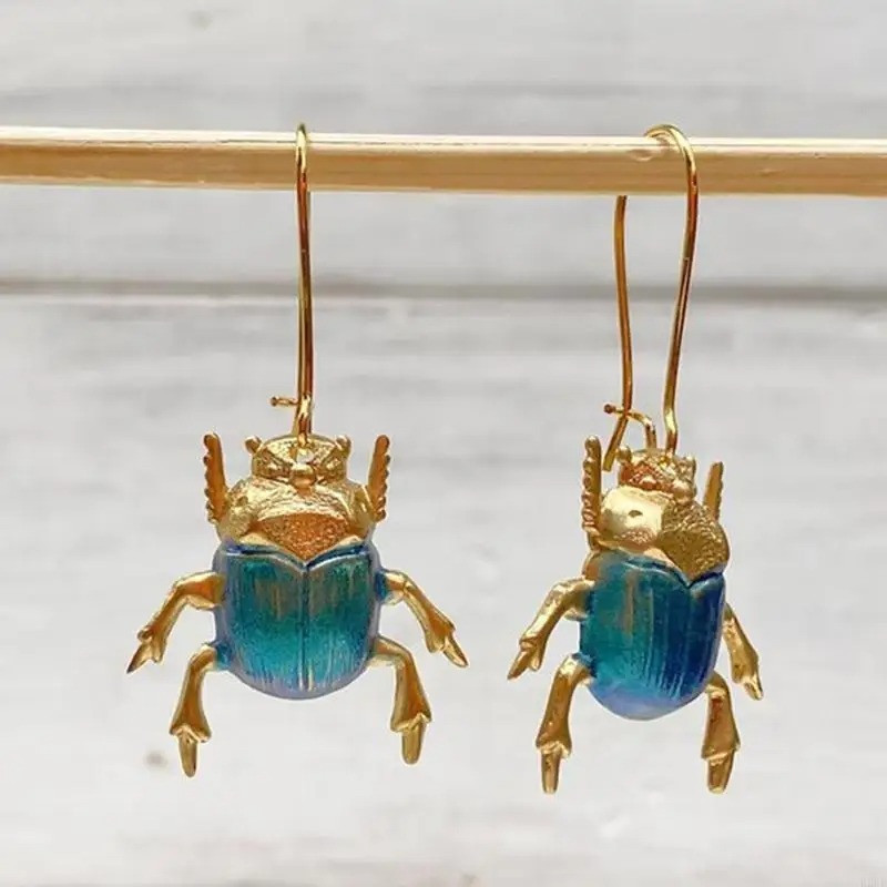 Boucles d'Oreilles Scarabée Vintage | Bijou Bleu Azur & Or
