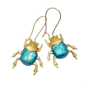 Boucles d'Oreilles Scarabée Vintage | Bijou Bleu Azur & Or