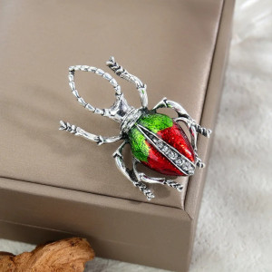 Scarab Beetle Pin | Red & Green Enamel Brooch with Rhinestones