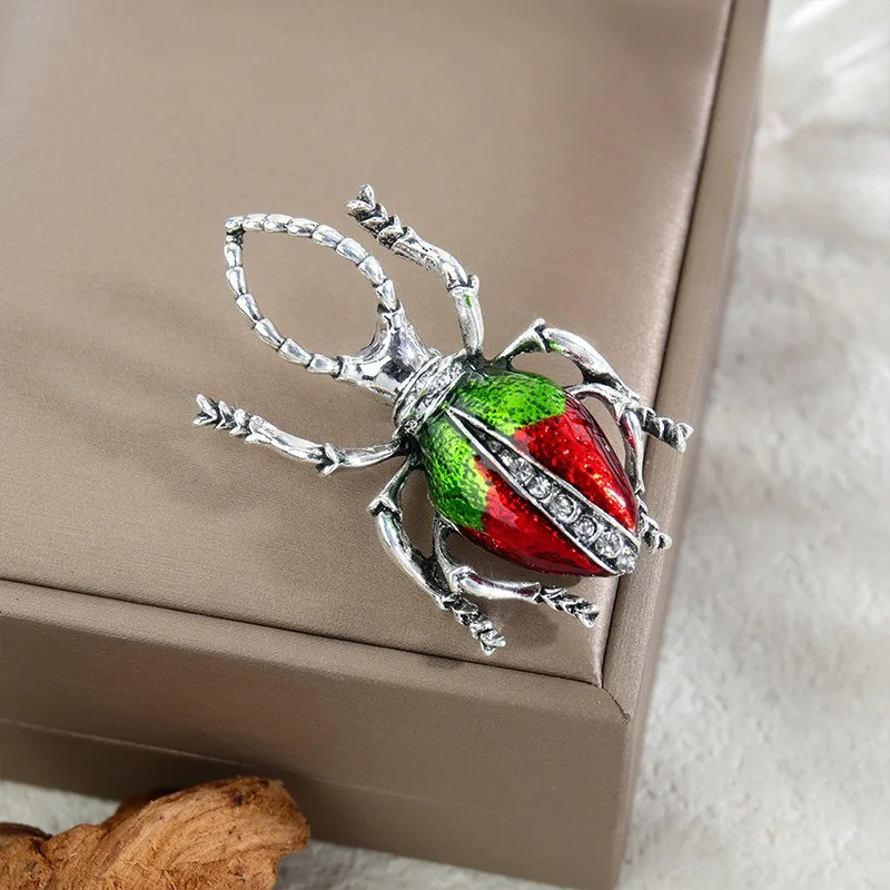 Scarab Beetle Pin | Red & Green Enamel Brooch with Rhinestones