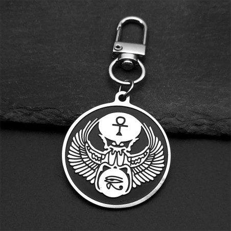 Porte-clés Scarabée Égyptien avec Ankh | Cadeau Noir & Argent