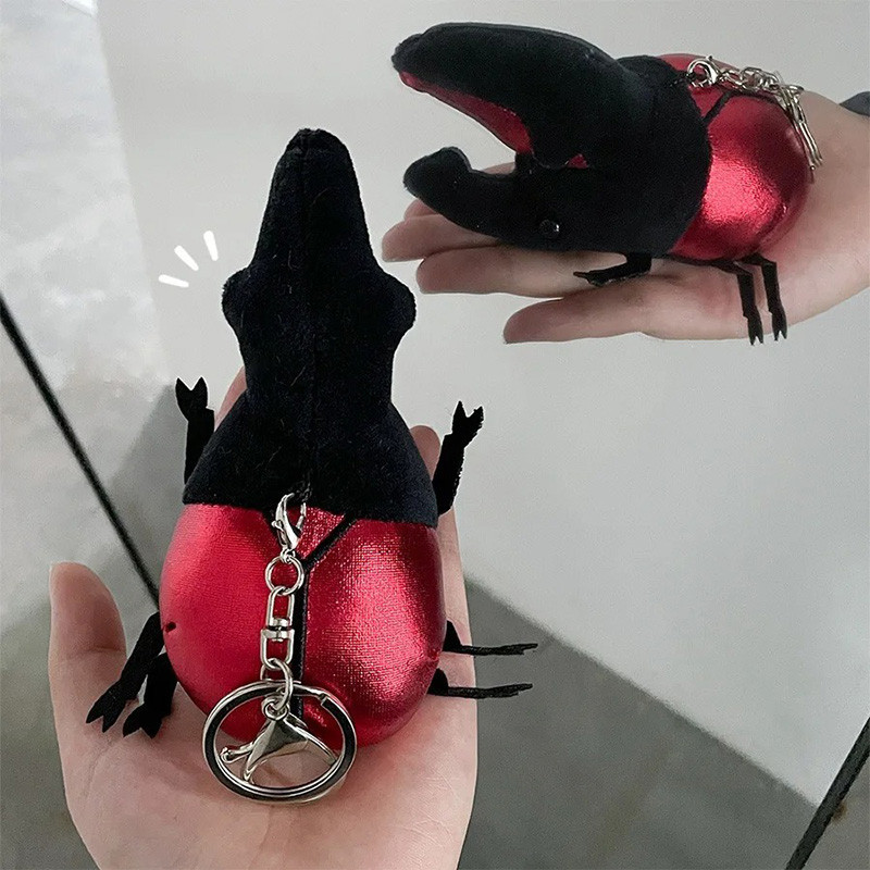 Cute Red Dynastes Beetle Keychain | Metallic & Velvet Plush
