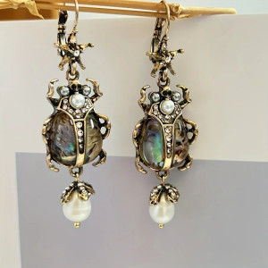Royal Scarab Beetle Earrings | Unique Gold & Pearl Jewelry Gift