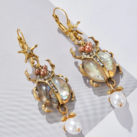 Royal Scarab Beetle Earrings | Unique Gold & Pearl Jewelry Gift