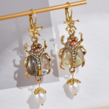 Boucles d'Oreilles Scarabée Royal | Bijou Unique Or & Perle