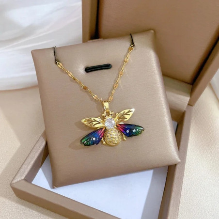 Collar Abeja Alas de Aurora - Dorado & Multicolor - ¡Joya Única!