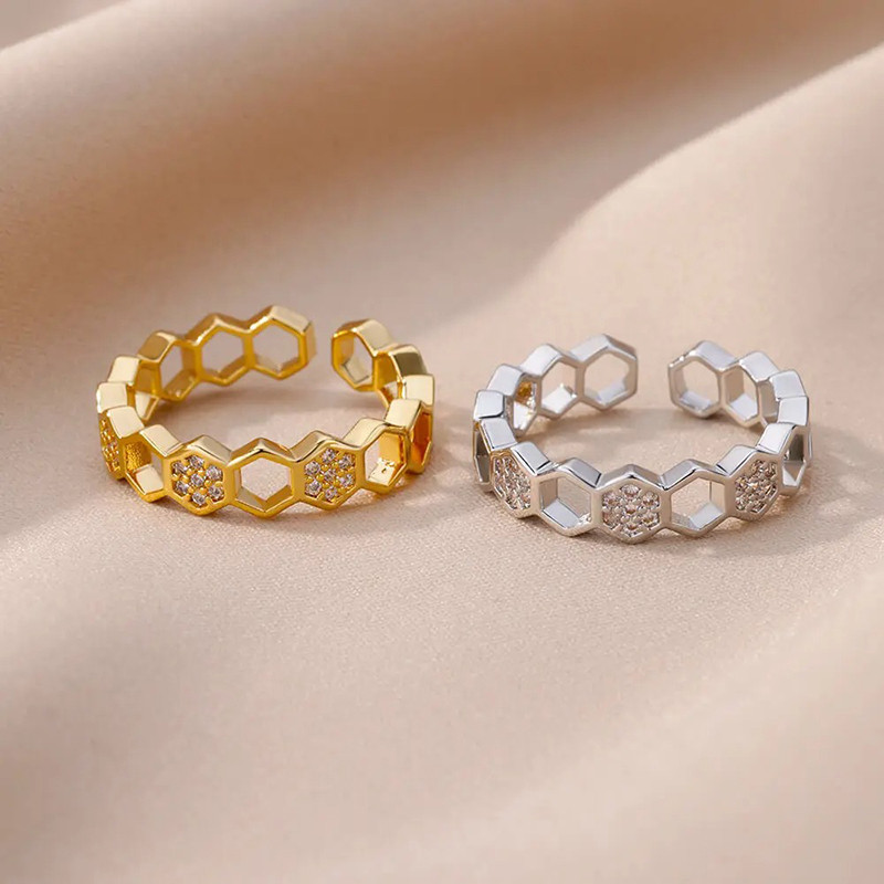 Bague Abeille Scintillante Nid d'Abeille | Or & Argent Ajustable