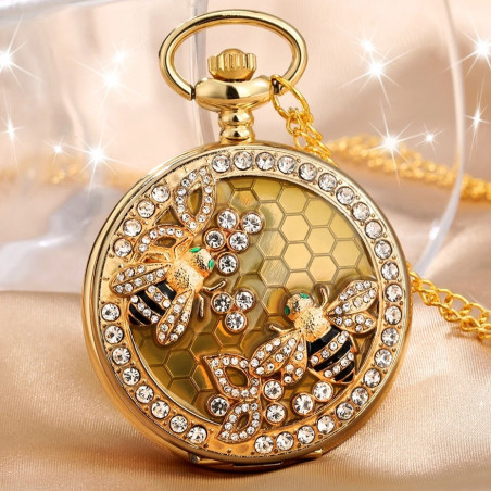 Royal Bee Pocket Watch - Vintage Gold & Crystal Bee Jewelry