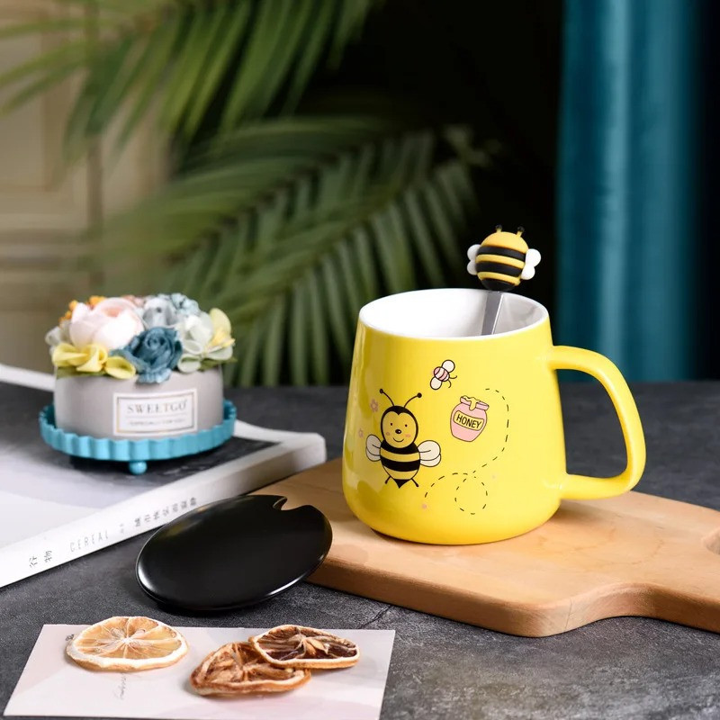 Mug Abeille Céramique 'Sweet Bee' avec Couvercle & Cuillère