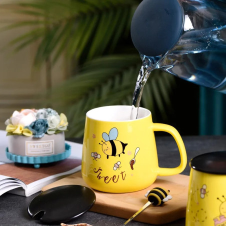 Mug Abeille Céramique 'Sweet Bee' avec Couvercle & Cuillère