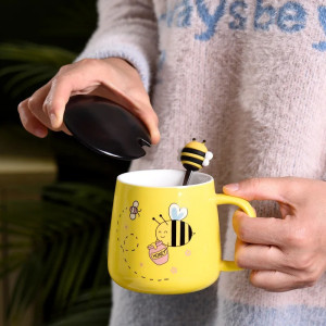 Mug Abeille Céramique 'Sweet Bee' avec Couvercle & Cuillère
