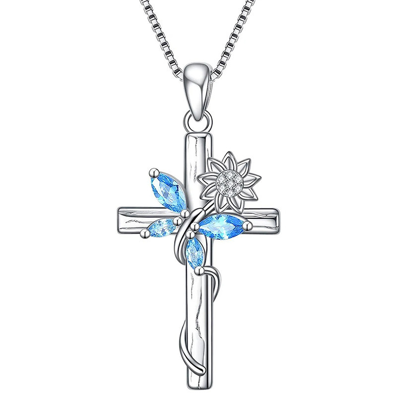 Collier Croix Papillon Bleu & Fleur - Bijou Spirituel Argenté