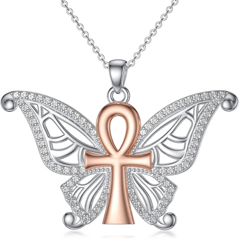 Collier Papillon Ankh Sacré - Spirituel Argent & Or Rose