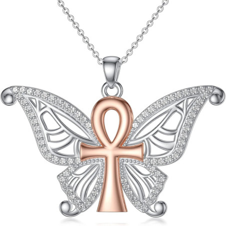 Collier Papillon Ankh Sacré - Spirituel Argent & Or Rose
