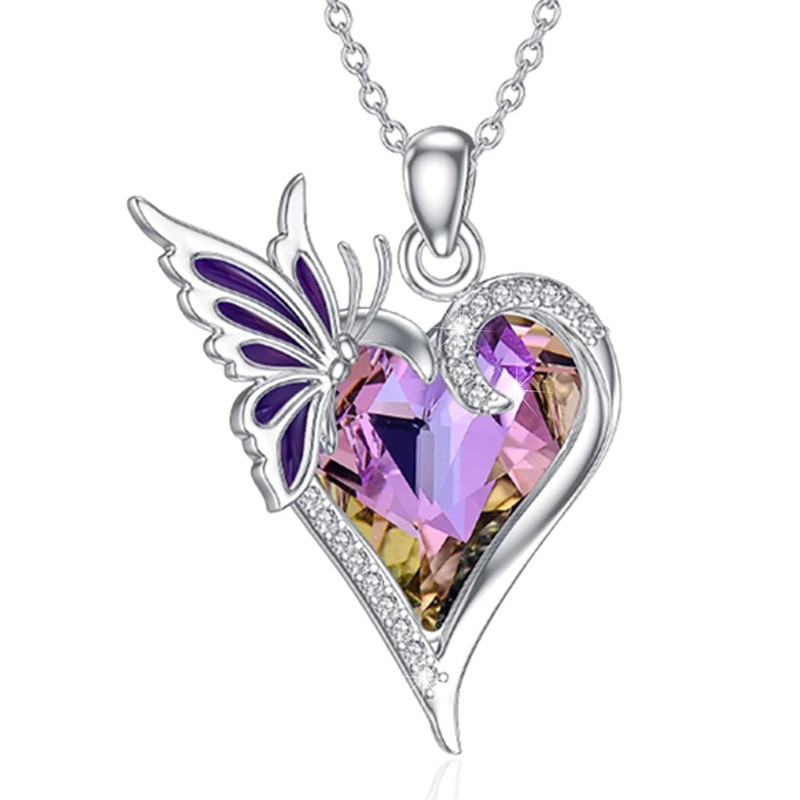 Collier Papillon Cœur Améthyste | Bijou Cristal Féerique