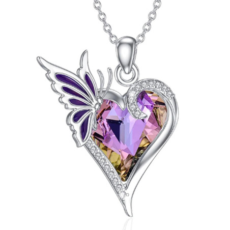 Collier Papillon Cœur Améthyste | Bijou Cristal Féerique