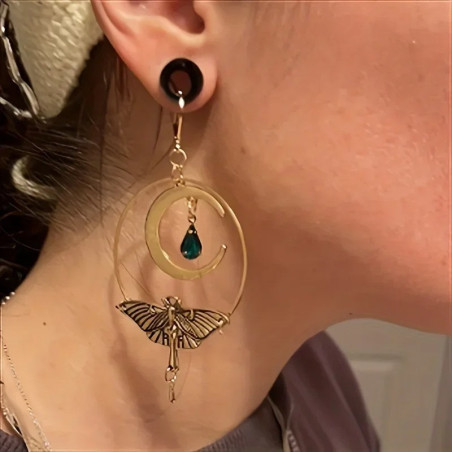 Boucles d'Oreilles Papillon Lune Émeraude | Bijou Bohème Chic