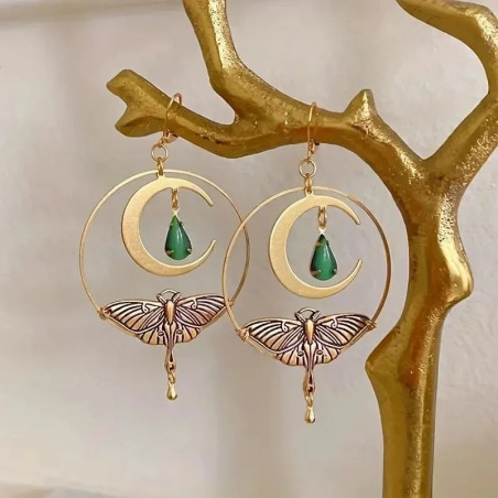 Boucles d'Oreilles Papillon Lune Émeraude | Bijou Bohème Chic