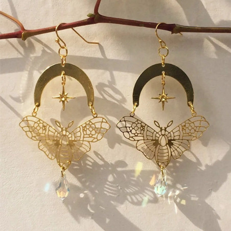 Boucles d'Oreilles Papillon Lune Cristal | Bijou Élégant Doré