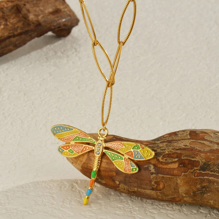 Collier Libellule Dorée Aquarelle | Bijou Pendentif Unique