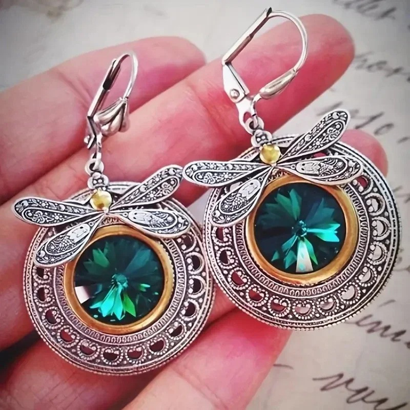 Boucles d'Oreilles Libellule Émeraude Royale - Bijou Vintage