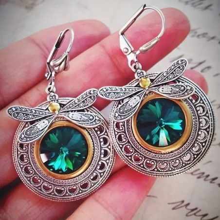 Boucles d'Oreilles Libellule Émeraude Royale - Bijou Vintage