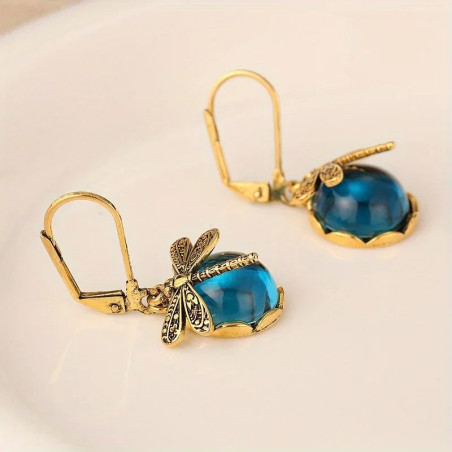 Boucles d'Oreilles Libellule Vintage Bleu | Bijou Bohème Doré