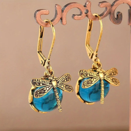 Antique Blue Dragonfly Earrings - Gold Boho Dragonfly Jewelry