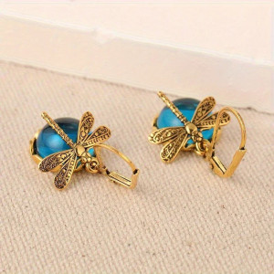Antique Blue Dragonfly Earrings - Gold Boho Dragonfly Jewelry