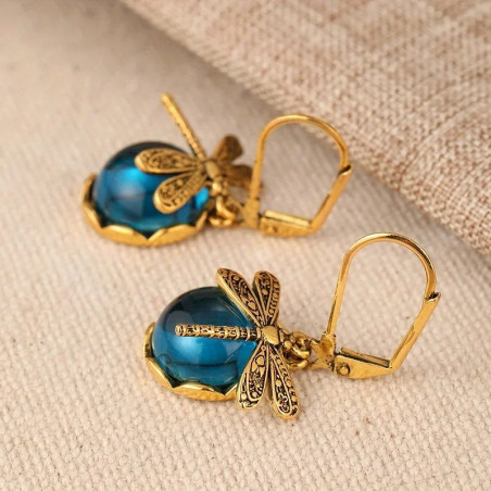 Boucles d'Oreilles Libellule Vintage Bleu | Bijou Bohème Doré