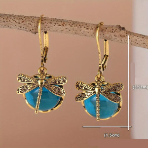 Boucles d'Oreilles Libellule Vintage Bleu | Bijou Bohème Doré