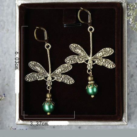 Orecchini Perla Smeraldo Bohème - Gioiello Libellula Vintage