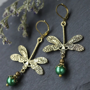 Boucles d'Oreilles Libellule Or Vintage & Perle Émeraude Bohème