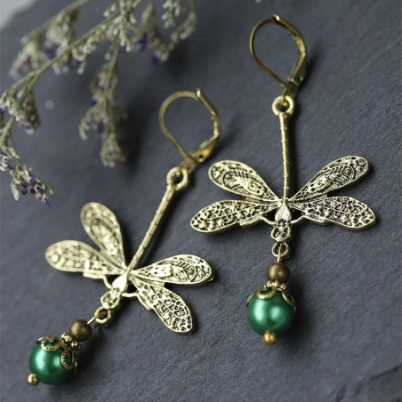 Ohrringe Smaragdperle Boho - Vintage Libellen Schmuck Gold