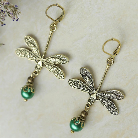 Ohrringe Smaragdperle Boho - Vintage Libellen Schmuck Gold