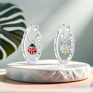 Boucles d'Oreilles Coccinelle & Marguerite | Bijou Argent 925