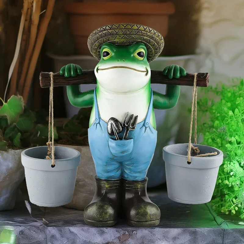 Gärtner Frosch Figur mit Pflanztöpfen | Lustige Gartendeko