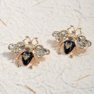 Boucles d’Oreilles Abeille Cristal Noir et Doré