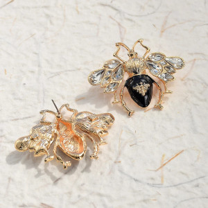 Boucles d’Oreilles Abeille Cristal Noir et Doré