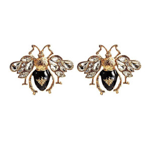 Boucles d’Oreilles Abeille Cristal Noir et Doré