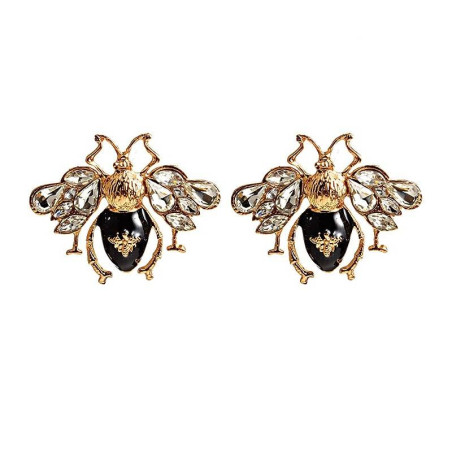 Boucles d’Oreilles Abeille Cristal Noir et Doré