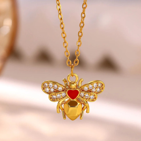 Collier Abeille Dorée Cœur Rubis et Cristaux Lumineux