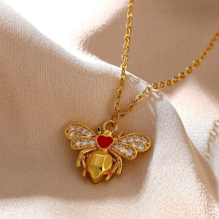 Collier Abeille Dorée Cœur Rubis et Cristaux Lumineux