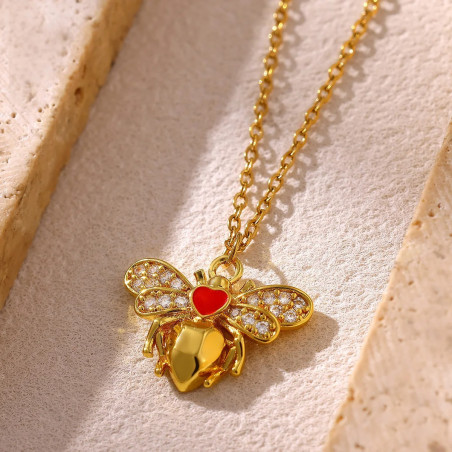 Collier Abeille Dorée Cœur Rubis et Cristaux Lumineux