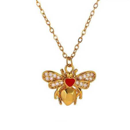 Collier Abeille Dorée Cœur Rubis et Cristaux Lumineux
