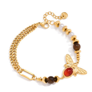 Bracelet Abeille Dorée Pierre Rouge et Perles Naturelles