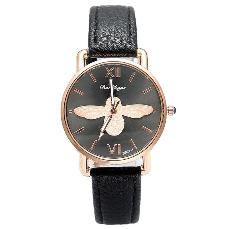 Montre abeille pour femme bracelet en cuir horloge à quartz  noir